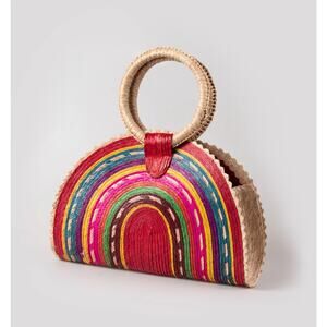 Hand Painted Rainbow Palm Straw Bag Half Circle Beach Tote Resort Beachy